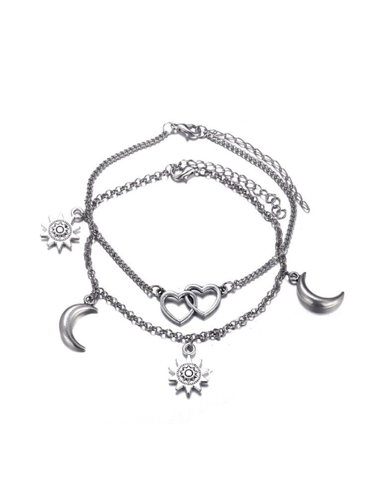 

2Pcs Heart Sun Moon Anklet Set, Silver