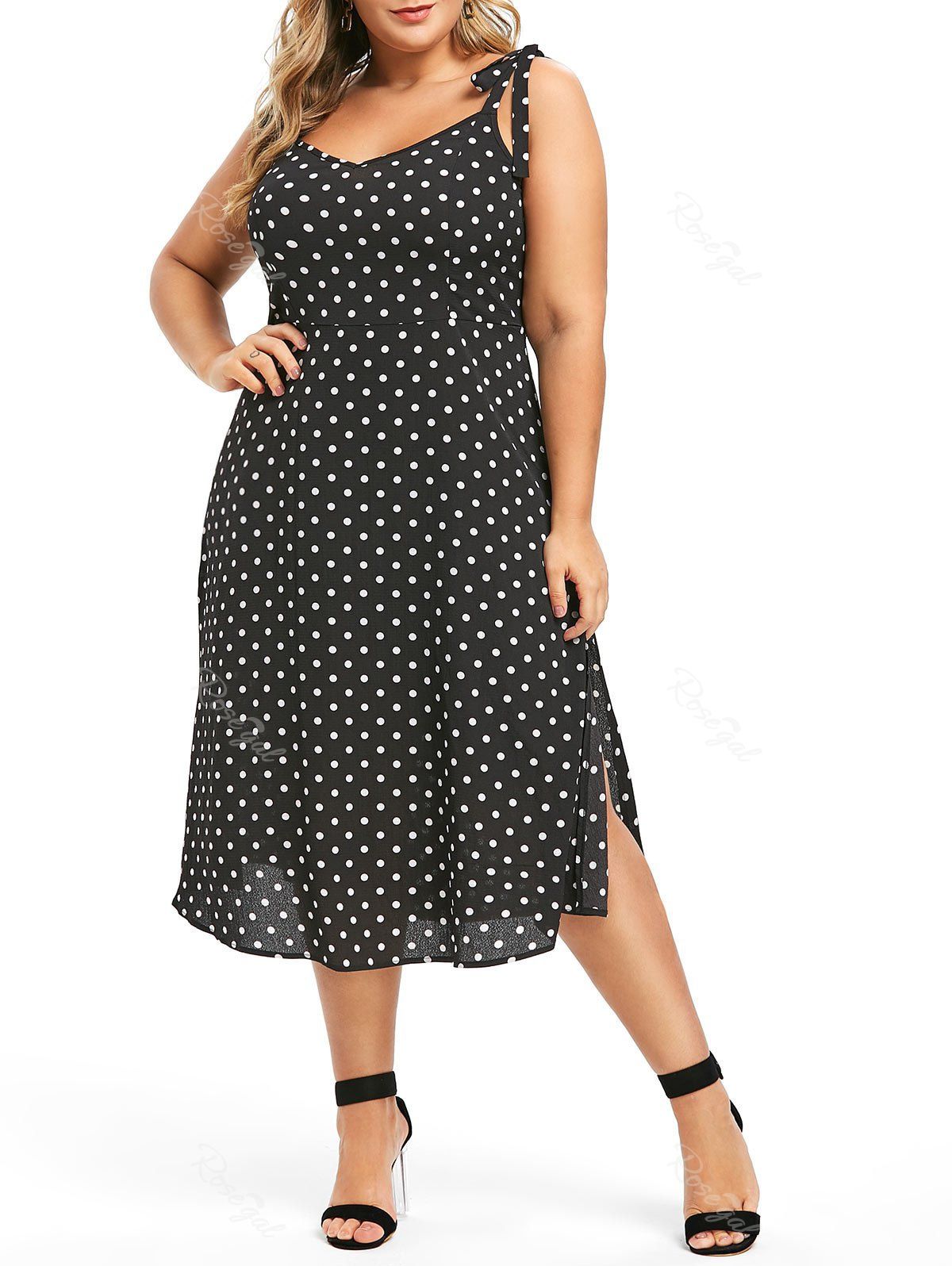 Plus Size Tie Shoulder Polka Dot Midi Slit Dress - 1x