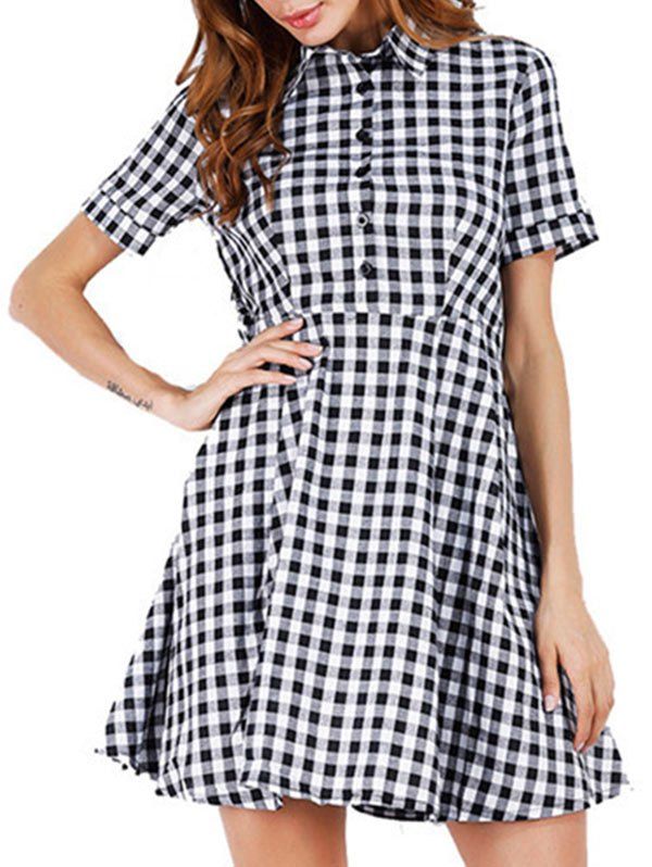 

Plaid Half Button Skater Dress, White