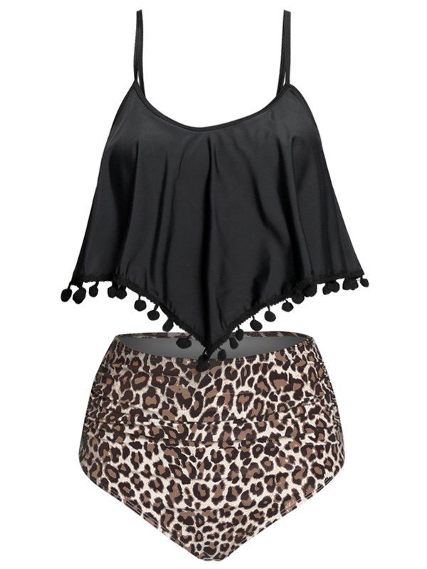 

Mix and Match High Waist Overlay Leopard Tankini, Black