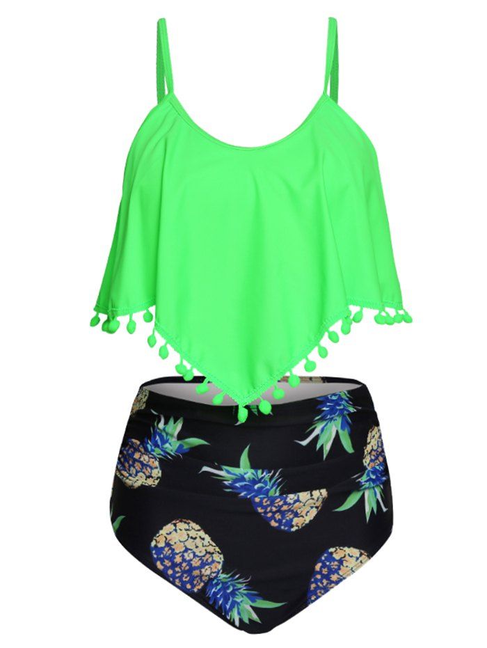 

Fringe Overlay Pineapple Print Tankini Swimwear, Green