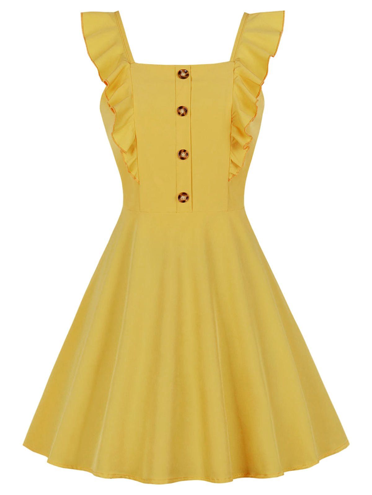 

Square Collar Ruffle Button Skater Dress, Golden brown