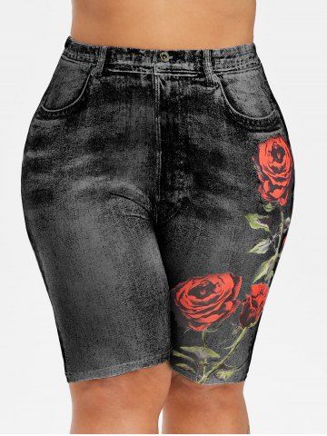 

Plus Size 3D Jean Print Short Jeggings, Black