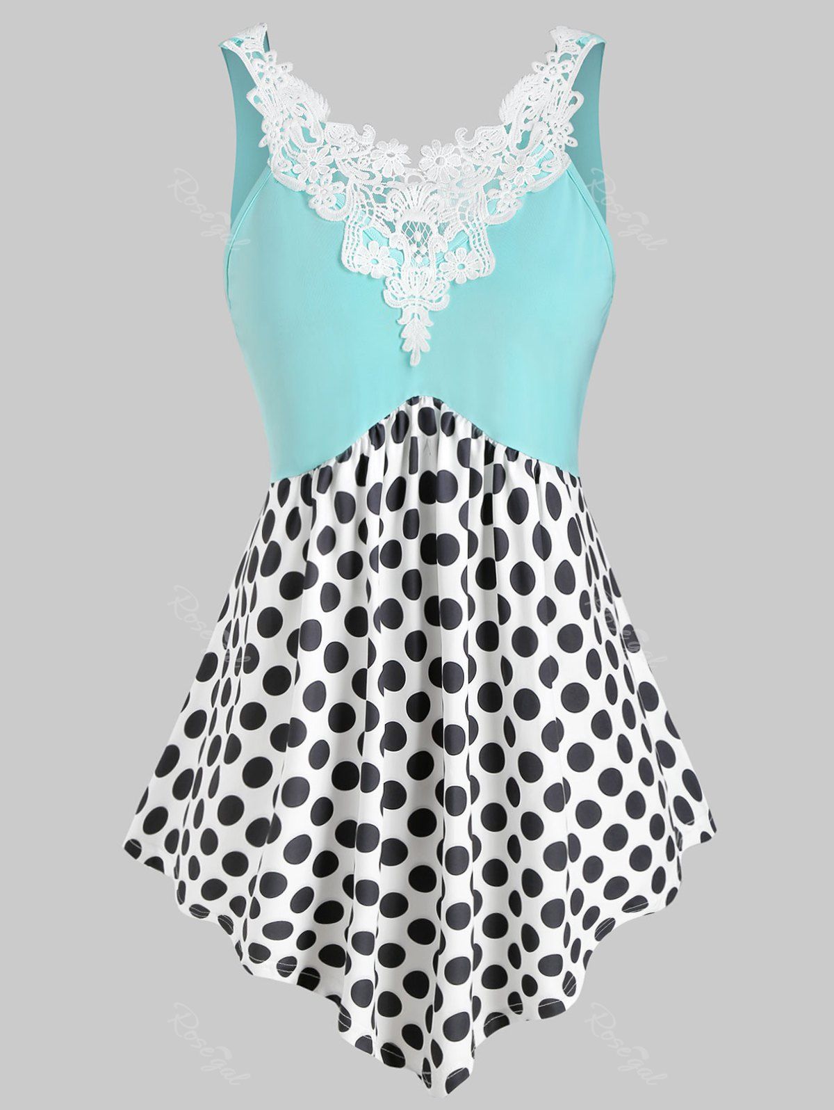 

Plus Size Polka Dot Contrast Lace Tank Top, Celeste