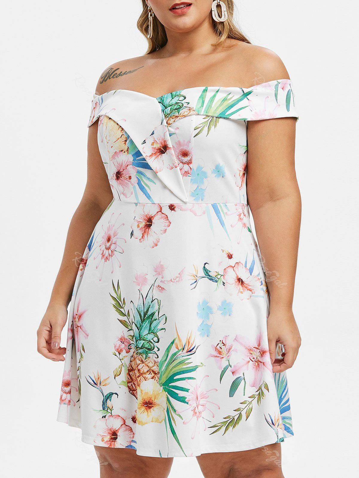 

Plus Size Floral Pineapple Print Off Shoulder Mini Flare Dress, White