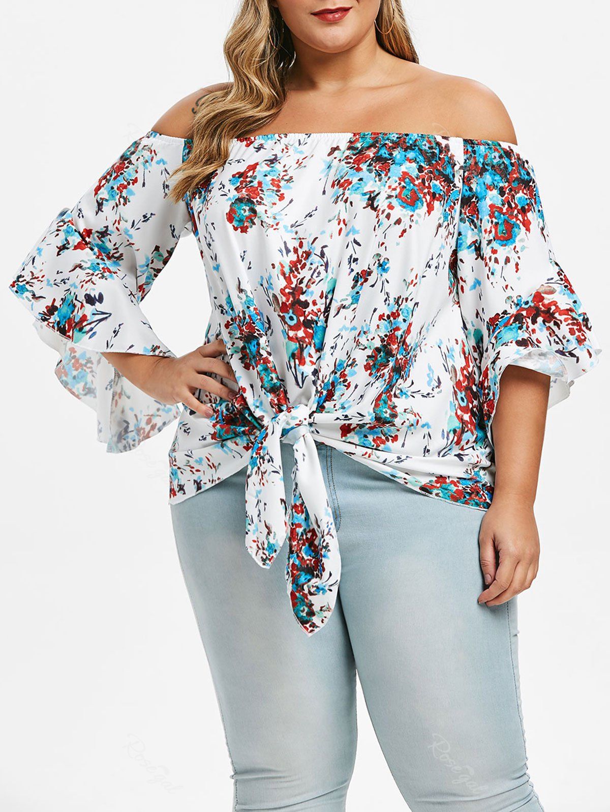 

Plus Size Printed Tie Off The Shoulder Top, Multi-a