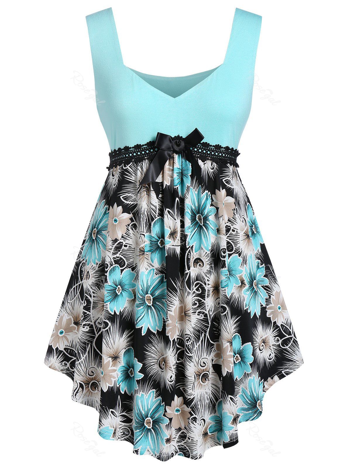 

Plus Size Floral Sweetheart Neck Curved Long Tank Top, Light aquamarine