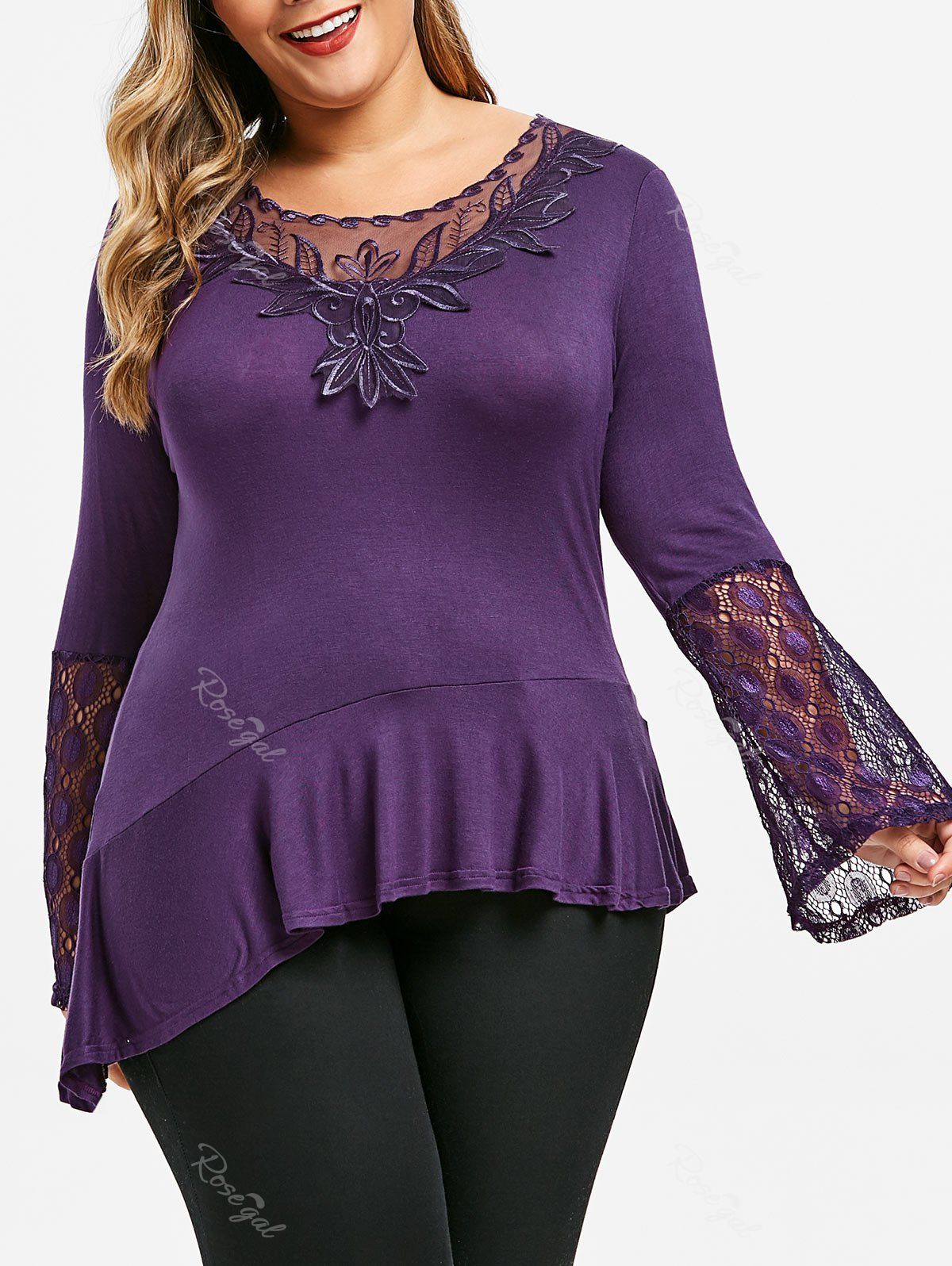 

Plus Size Bell Sleeve Lace Panel Flounce Tee, Purple