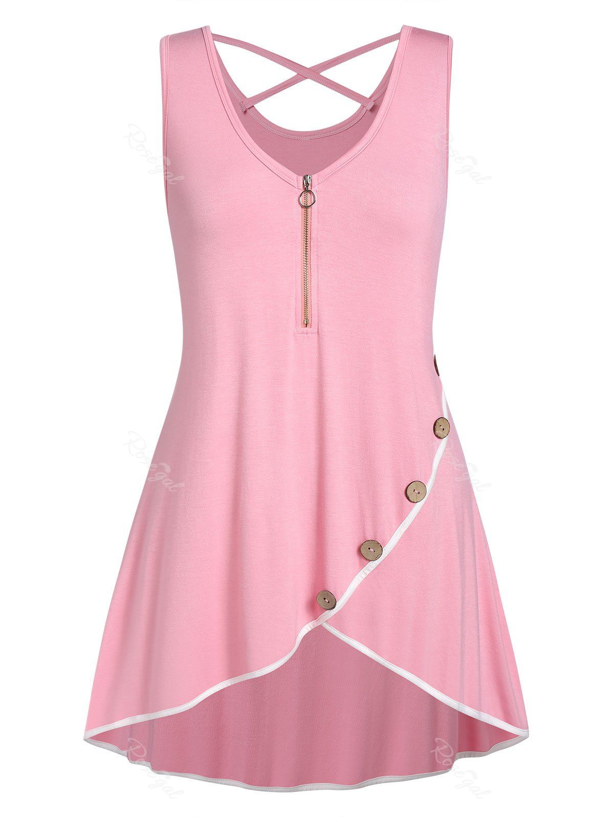 

Plus Size Button Zippered High Low Tank Top, Pink