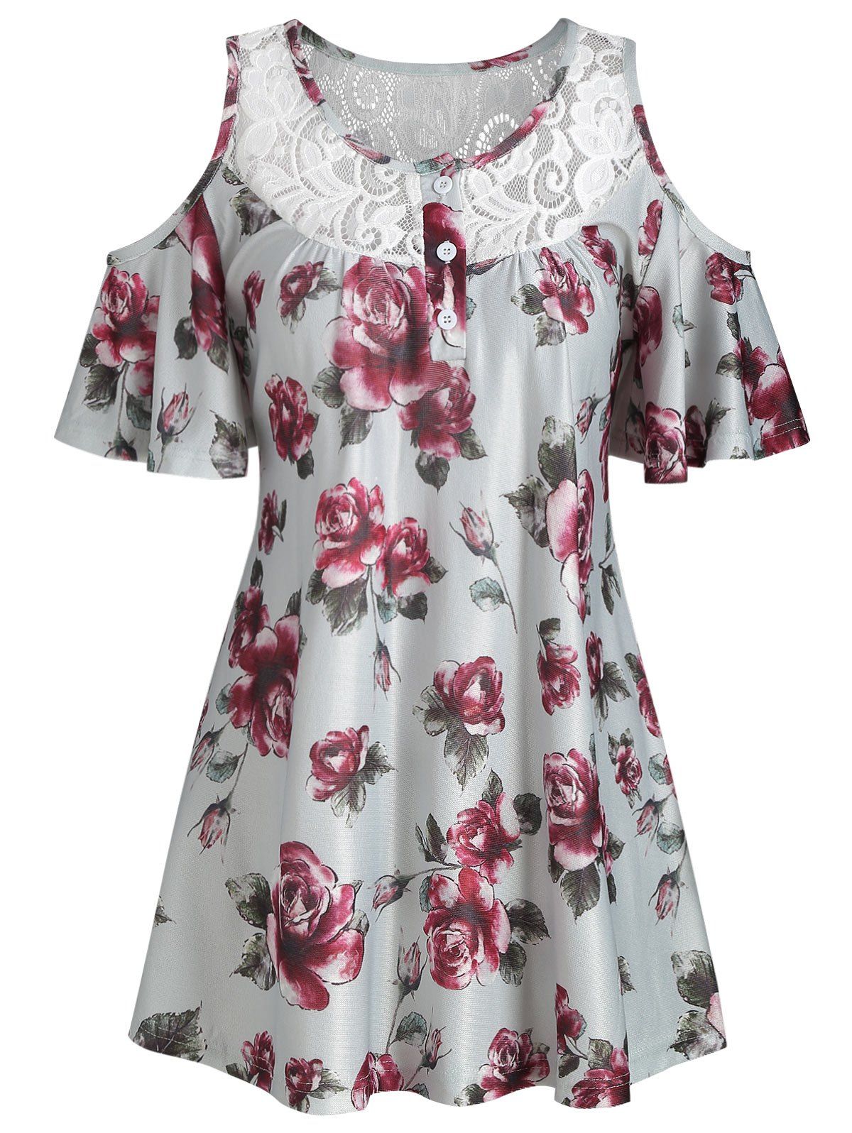 

Button Placket Lace Insert Longline T-shirt, Multi