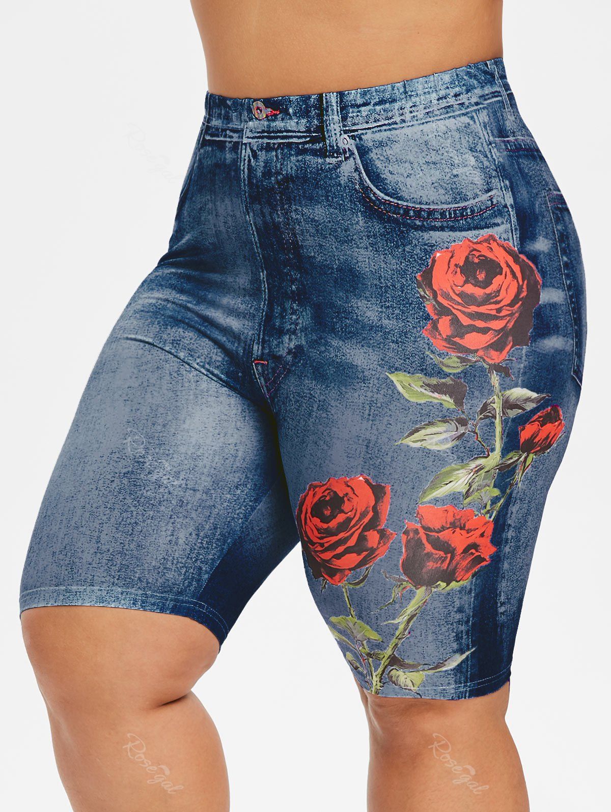 

Plus Size 3D Jean Print Short Jeggings, Navy blue