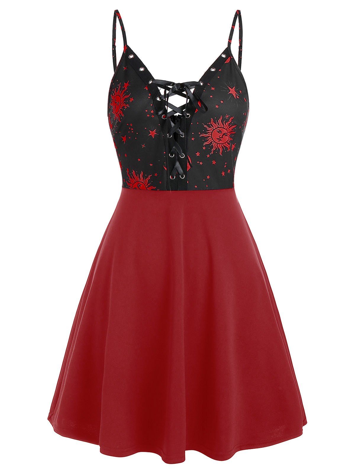 

Cami Sun and Moon Lace Up Mini Dress, Red wine