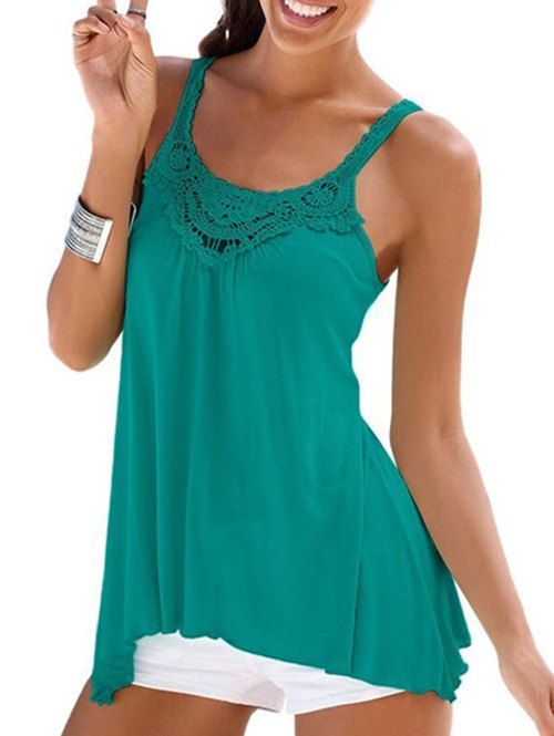 

Guipure Lace Panel Casual Tunic Tank Top, Dark turquoise