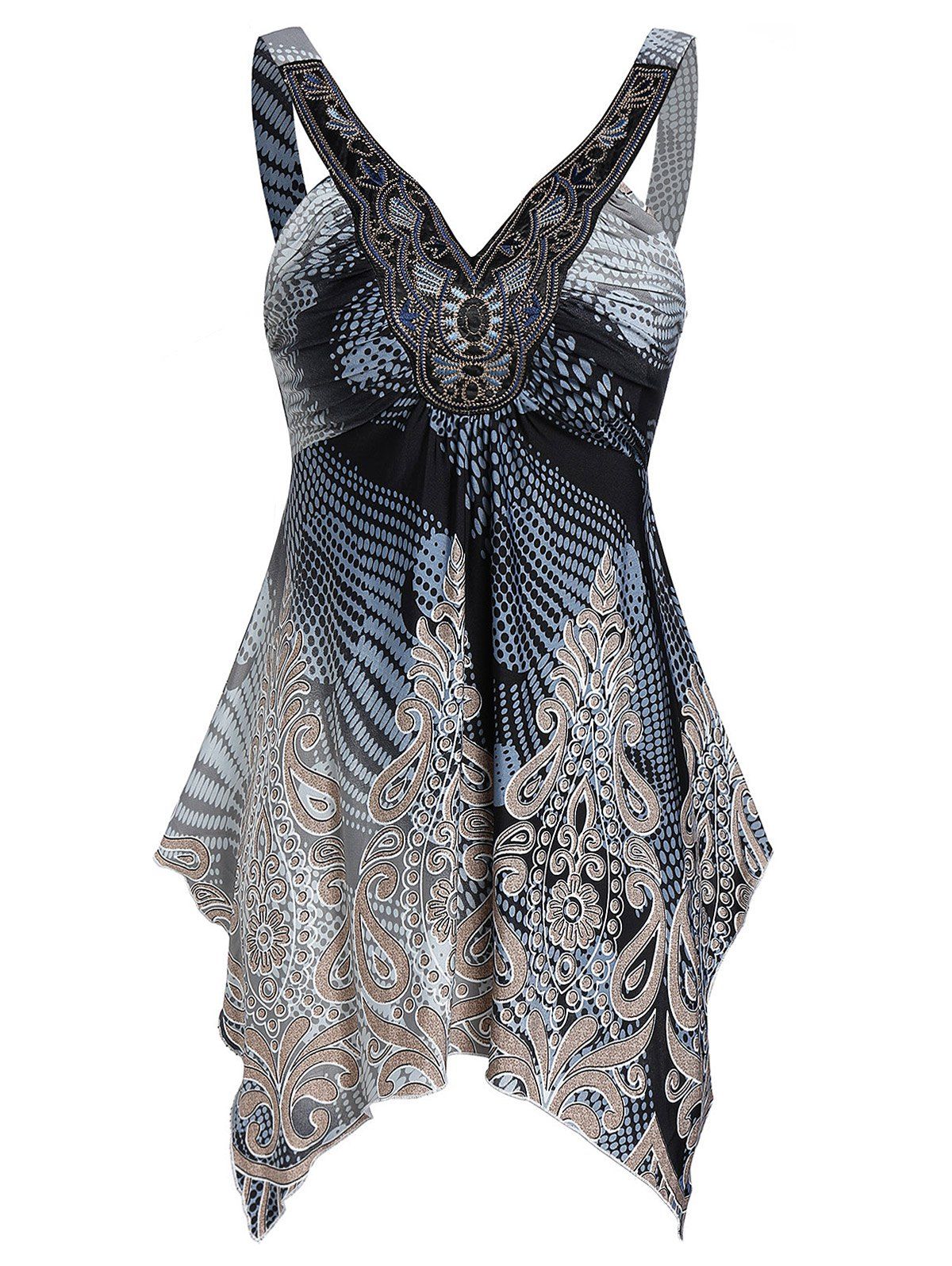 

Asymmetric Plunging Neck Printed Tank Top, Carbon gray