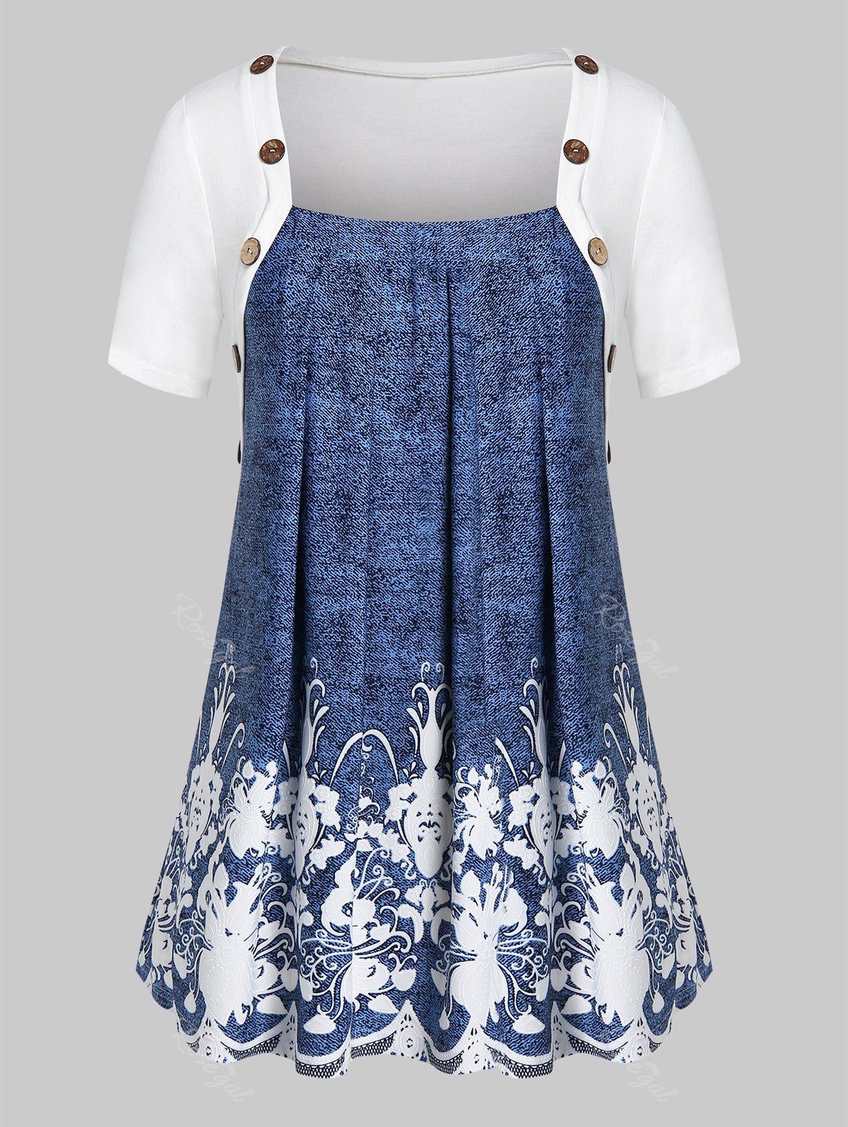 

Plus Size Floral Print Space Dye Button T Shirt, Lapis blue