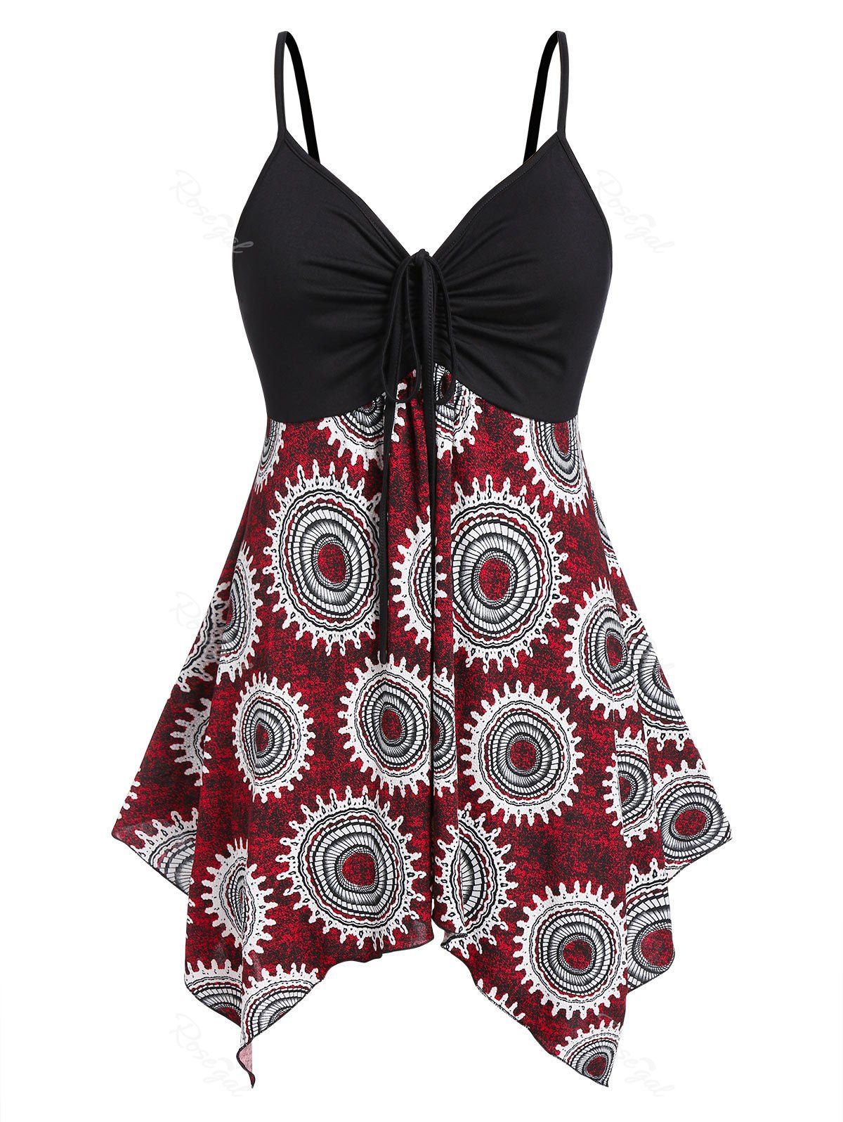 

Plus Size Printed Asymmetric Spaghetti Strap Tank Top, Red wine