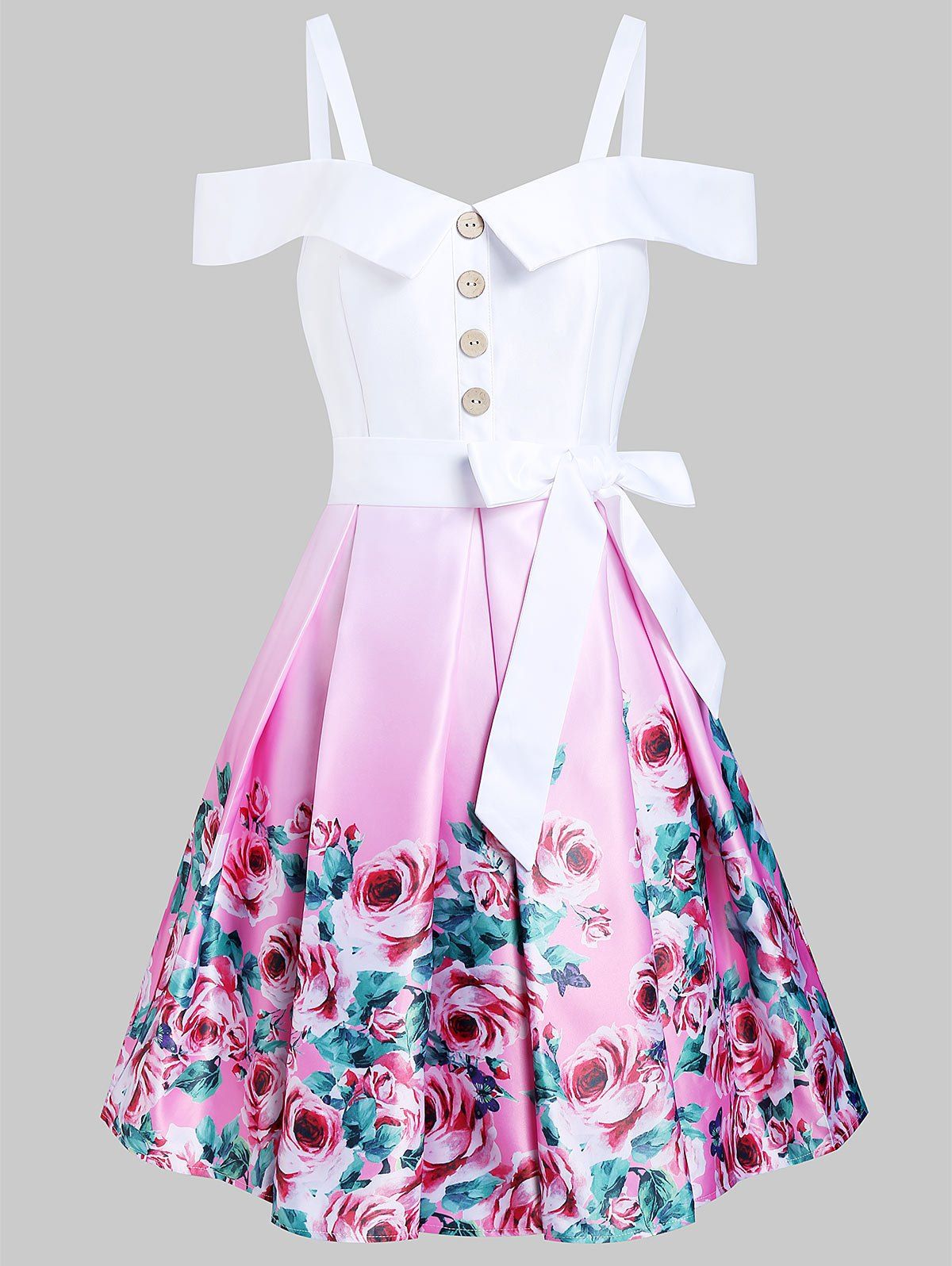

Open Shoulder Fit And Flare Rose Print Dress, White