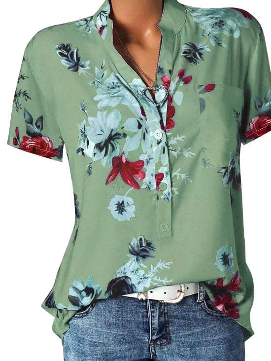 

Front Pocket Floral V Neck Blouse, Hazel green