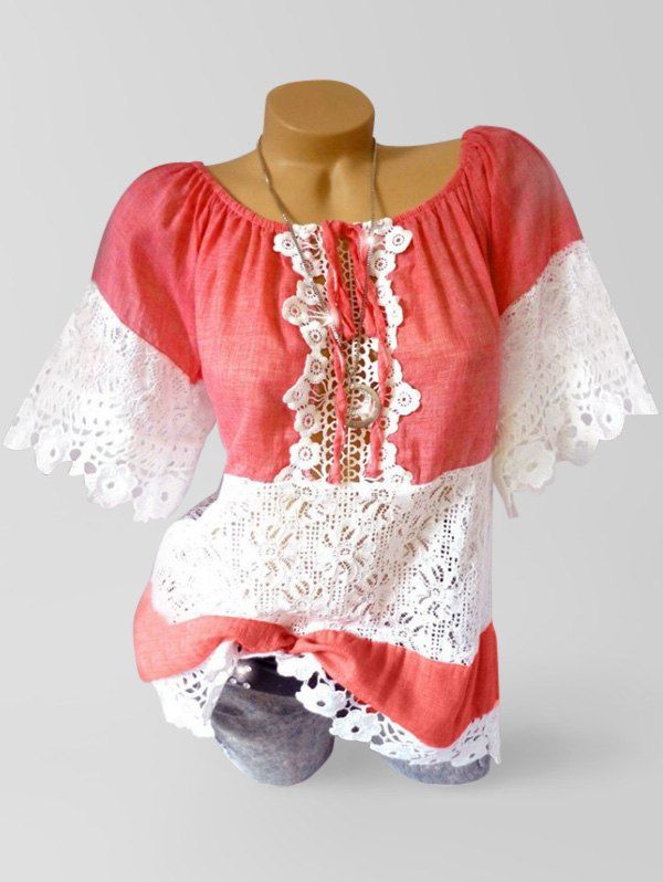 

Applique Lace Panel See Thru Casual Blouse, Light coral