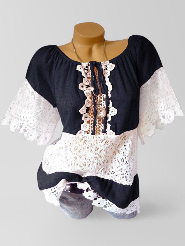 

Applique Lace Panel See Thru Casual Blouse, Deep blue