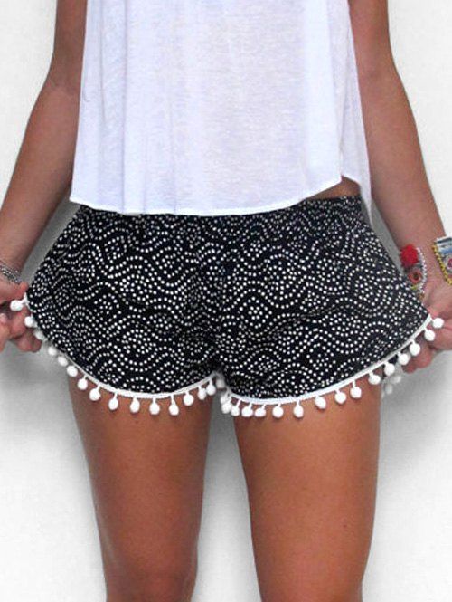 

Polka Dot Pompom Trim Dolphin Shorts, Black