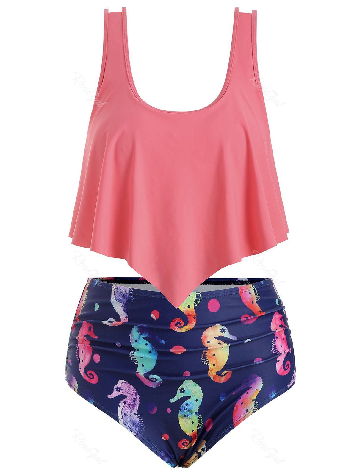 

Plus Size Sea Horse Print Ruched Flounce Bikini Swimsuit, Pink