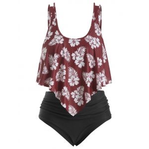 

Overlay Ruffles Floral Leaves Print Plus Size Tankini Swimsuit, Red wine
