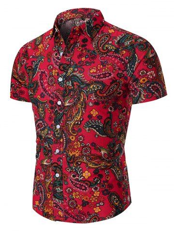 

Paisley and Flower Print Short Sleeve Button Up Shirt, Red