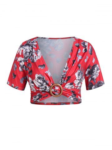 

Plus Size Twist Floral Tee And Handkerchief Strappy Cami Set, Battleship gray