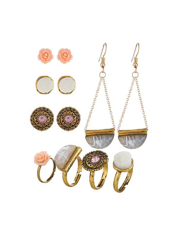 

Floral Geo Vintage Earrings Ring Set, Gold
