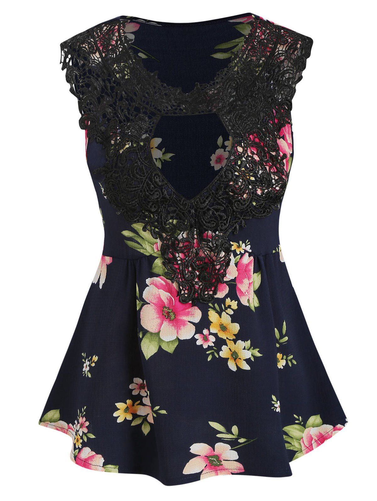 

Guipure Lace Panel Flower Print Tank Top, Navy blue