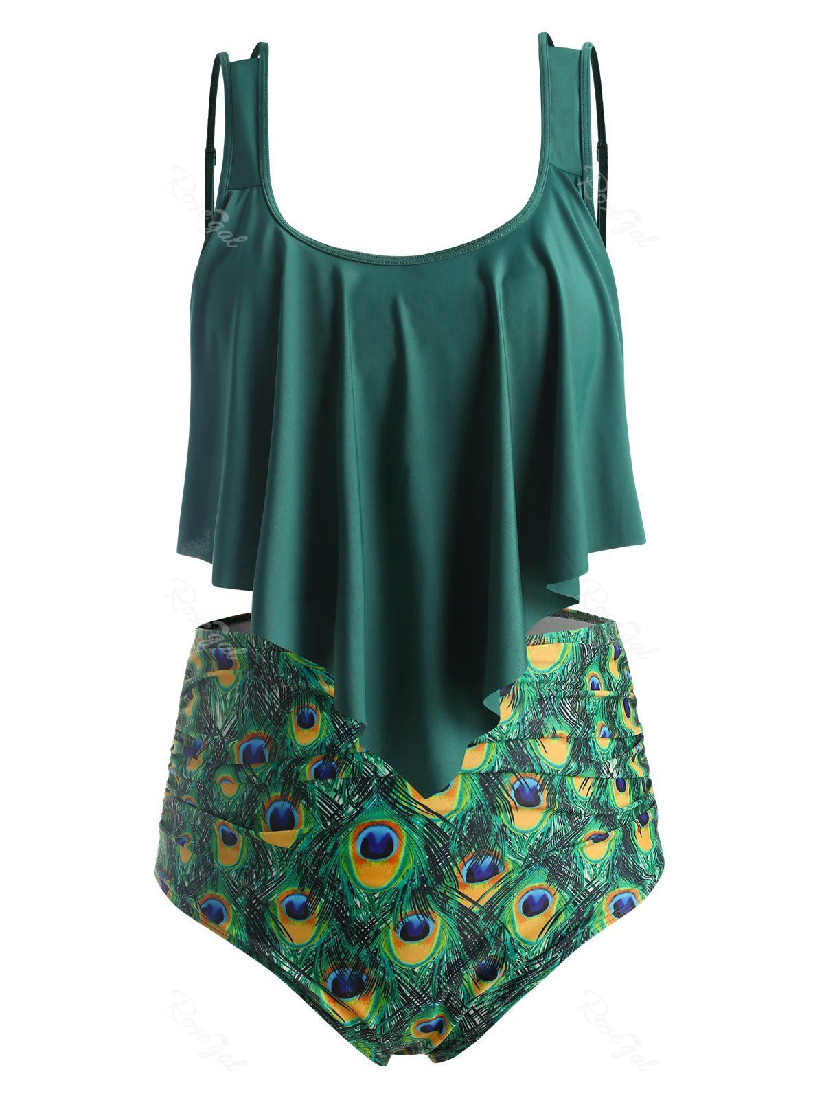 

Plus Size Overlay Feather Print Tankini Swimwear, Multi-d