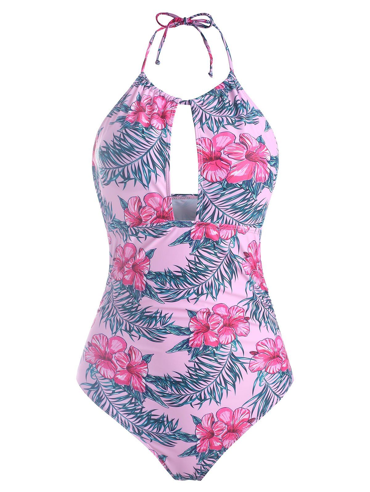 

Leaves Floral Halter Cut Out Swimsuit, Violet red