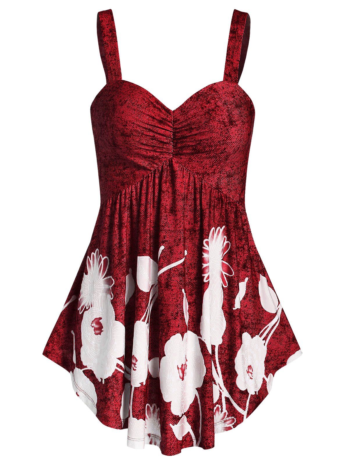 

Floral Print Sweetheart Collar Flare Tank Top, Lava red