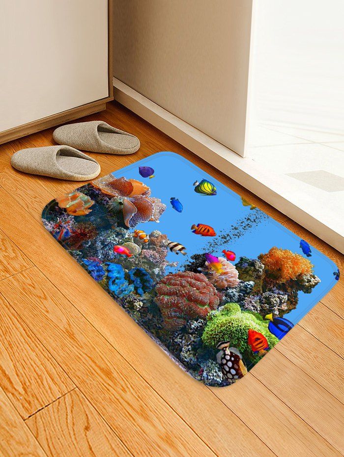 

Seafloor Fish 3D Print Flannel Floor Rug, Silk blue