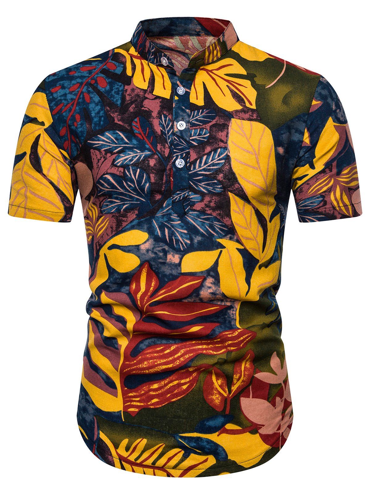 

Ethnic Leaf Print Stand Collar Half Button Shirt, Multi