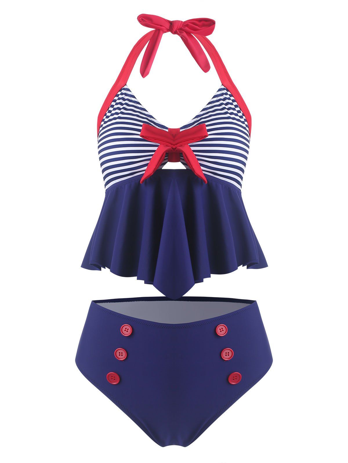 

Vintage Bowknot Striped Halter Tankini Swimsuit, Denim dark blue
