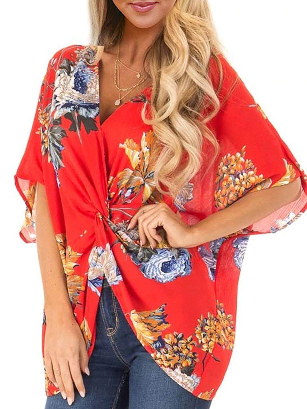 

Floral Print Twist Front Loose Blouse, Red