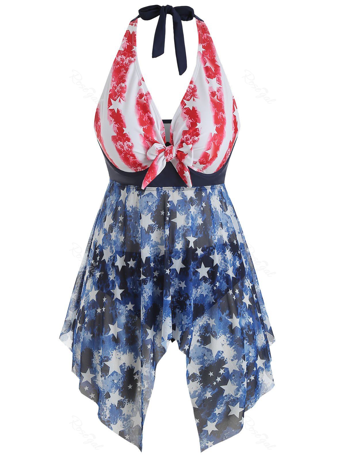 [51% OFF] Plus Size American Flag Knotted Mesh Handkerchief Tankini ...