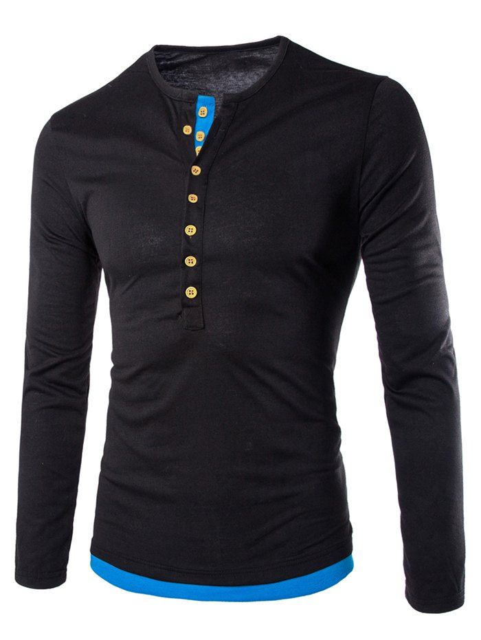 

Color Spliced Button Decoration Long Sleeves T-shirt, Black