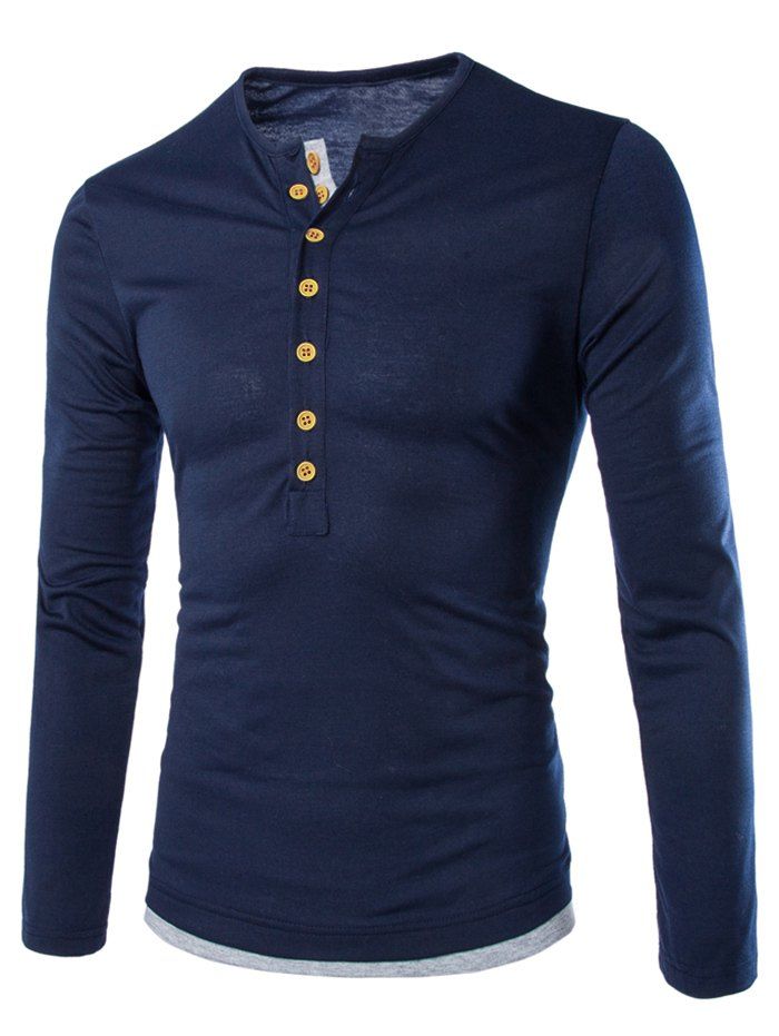 

Color Spliced Button Decoration Long Sleeves T-shirt, Deep blue