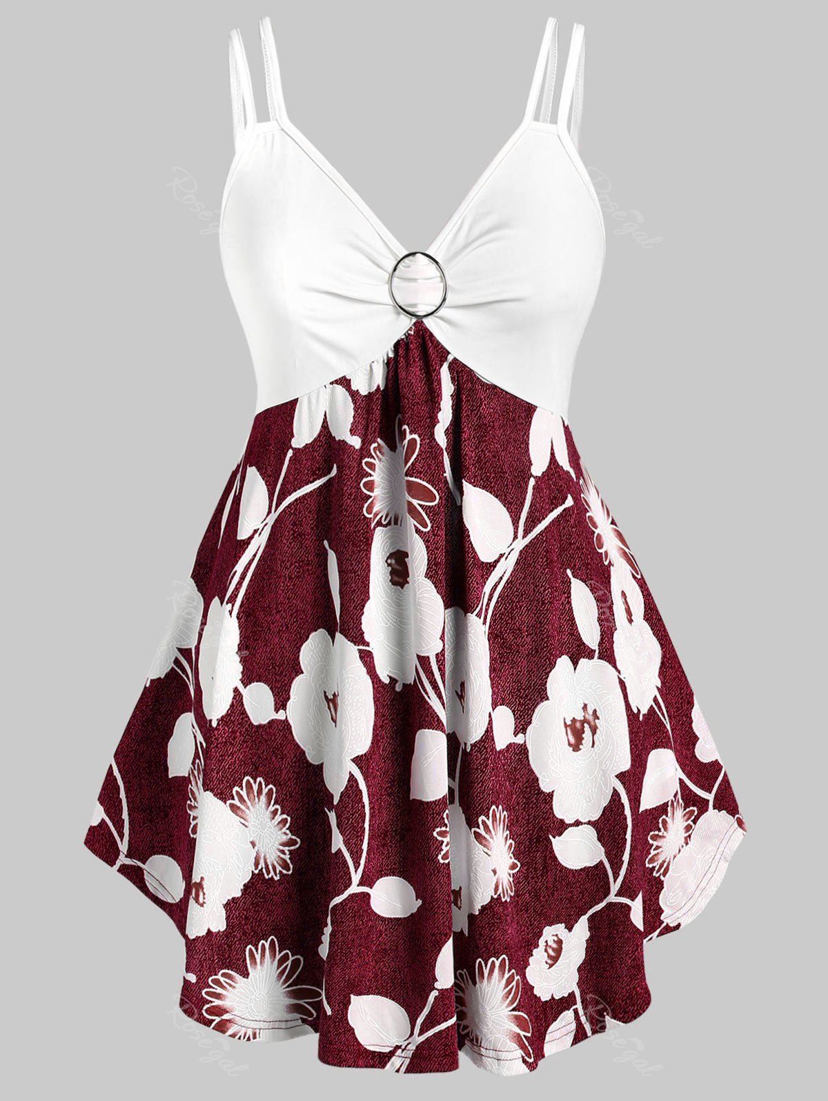 

Plus Size Spaghetti Strap Floral Print Marled Tank Top, Firebrick
