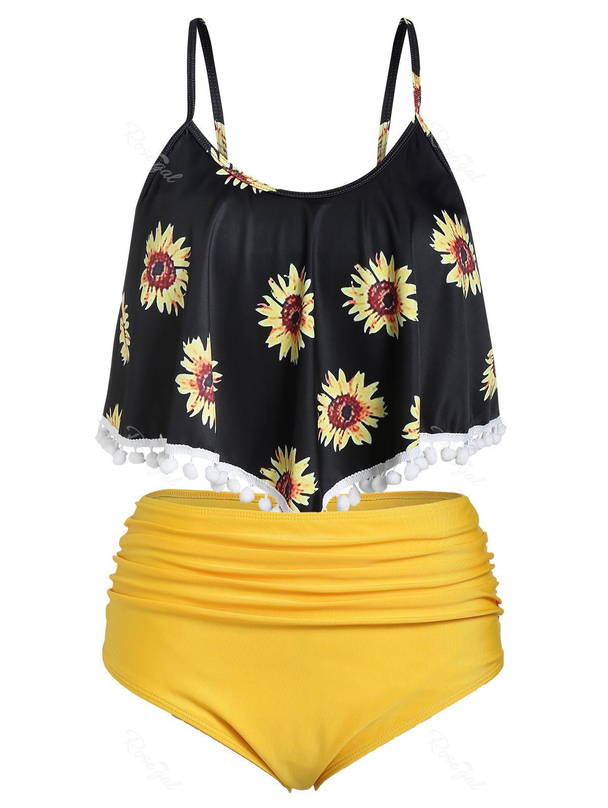 

Plus Size Sunflower Print Cami Ruched Tankini Set, Sun yellow