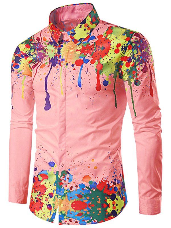 

Colorful Splatter Paint Pattern Turndown Collar Long Sleeve Shirt, Pink
