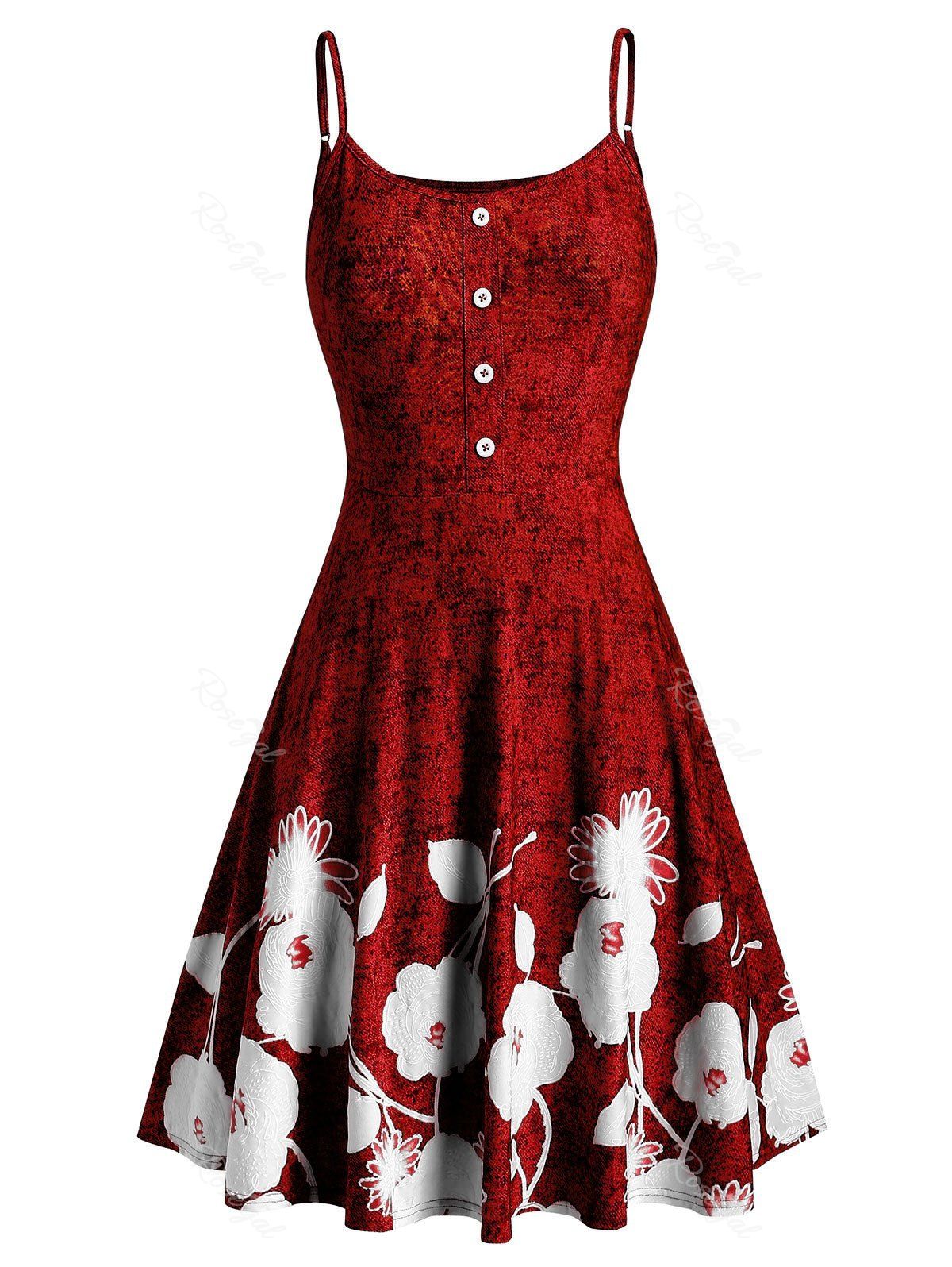 

Plus Size Spaghetti Strap Floral Print Marled Dress, Red wine