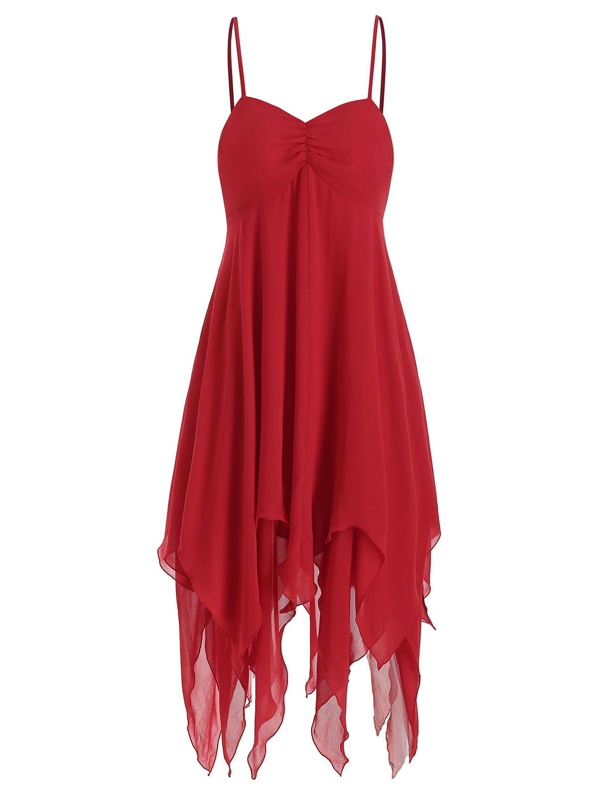 

Spaghetti Strap Solid Asymmetrical Chiffon Dress, Lava red