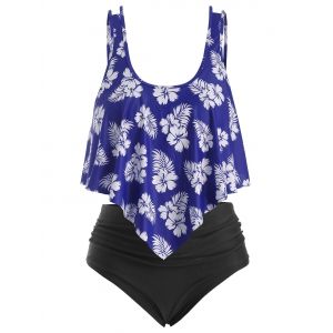 

Overlay Ruffles Floral Leaves Print Plus Size Tankini Swimsuit, Deep blue