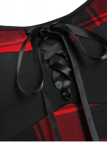 

Lace Up Plaid Panel A Line Dress, Black