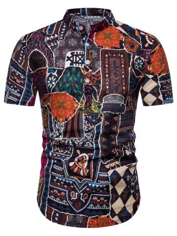 Ethnic Flower Print Stand Collar Half Button Shirt - TIGER ORANGE - 3XL