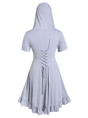 Plus Size Lace Up Hooded Ruffle Coat - CLOUDY GRAY - L
